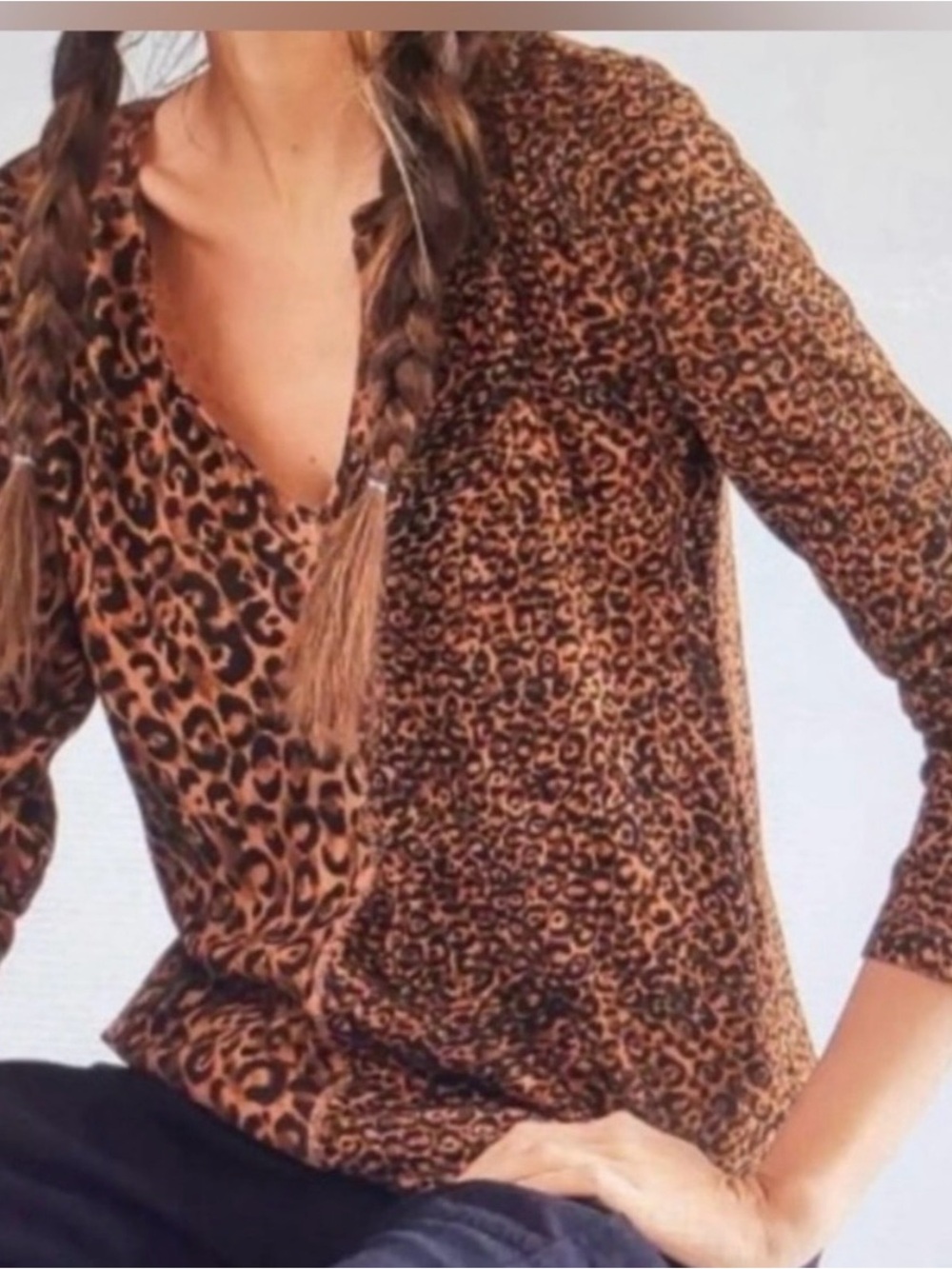Pilcro- Anthropologie Leopard Print Split V-Neck Waffle Knit Women's Top